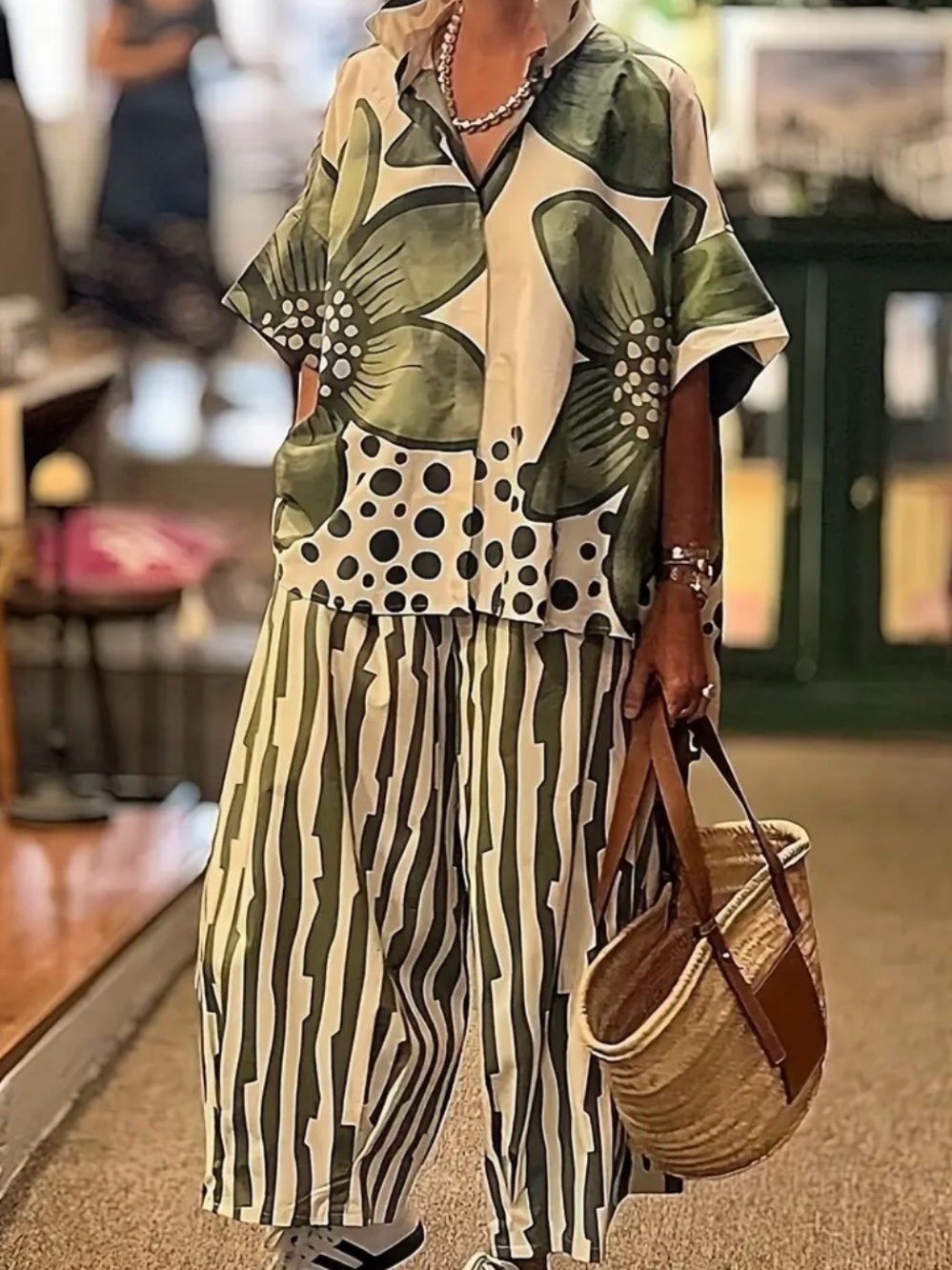Relaxed Floral Olive & White Wide-Leg Midi Skirt